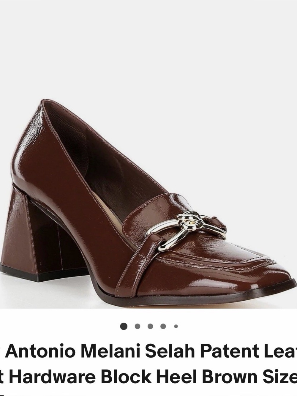 ANTONIO MELANI Selah Patent Leather
Knot Hardware Block Heel brown pump loafer